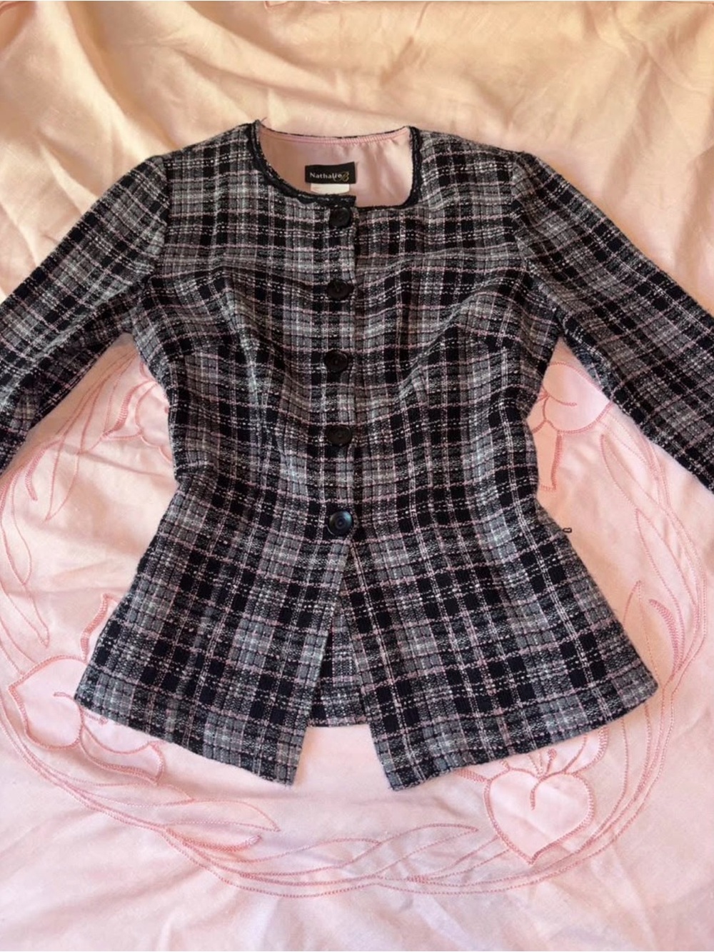 Black & Gray Plaid Tweed Blazer